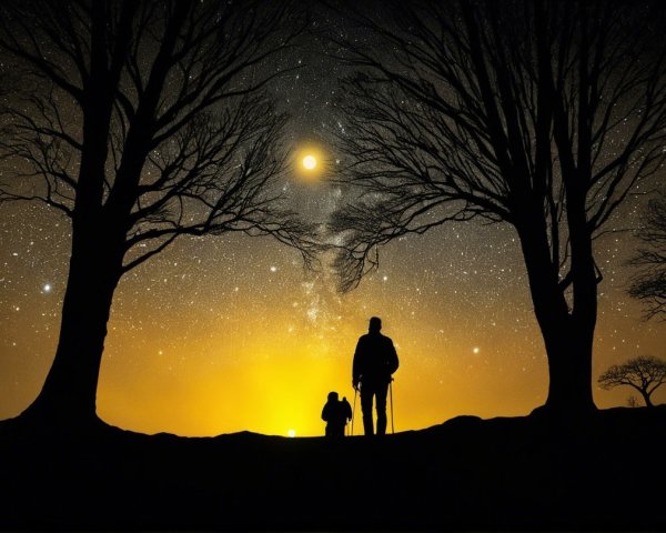 Couple Silhouetted Under Twilight Sky and Stars