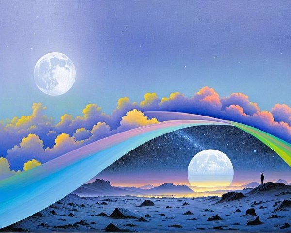 Surreal Landscape with Two Moons and Rainbow Arch