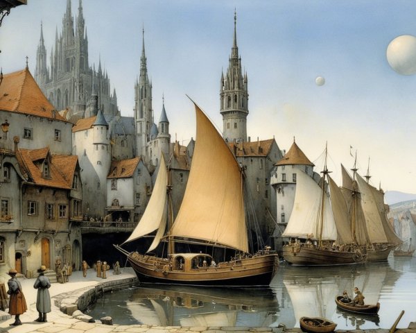 Waterfront Village with Historic Architecture and Sailboats