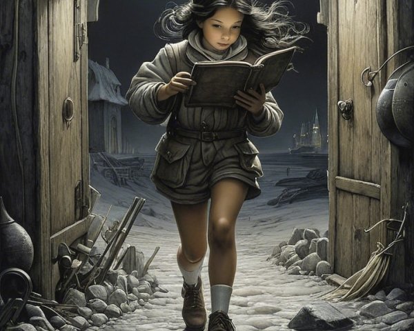 Young girl with book in magical archway setting