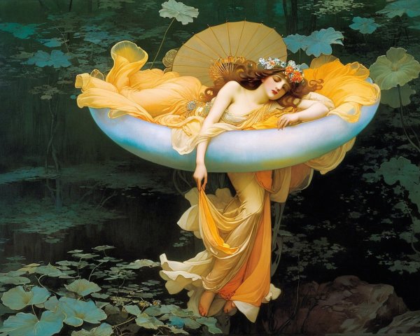 Woman Reclined in Flower Surrounded by Greenery