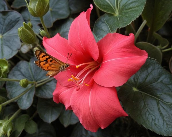Vibrant Pink Flower with Butterfly and Green Foliage