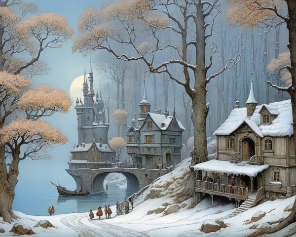 Serene Winter Landscape with Castle and Snowy Trees
