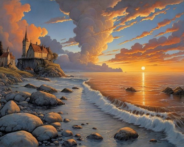 Serene Seascape at Sunset with Coastal Castle