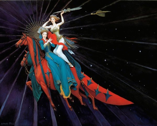 Elegantly Dressed Women on Red Horse in Starry Scene