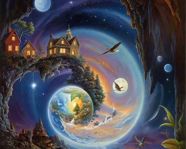 Surreal Landscape with Quaint Houses and Starry Sky