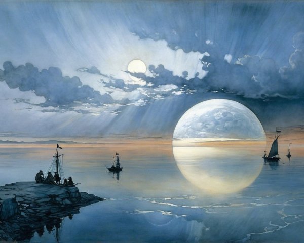 Serene Seascape with Moonlit Water and Sailboats