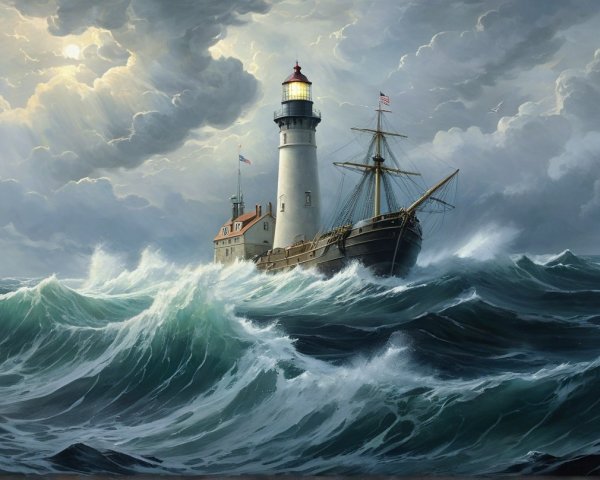 Dramatic Seascape with Lighthouse and Stormy Waves