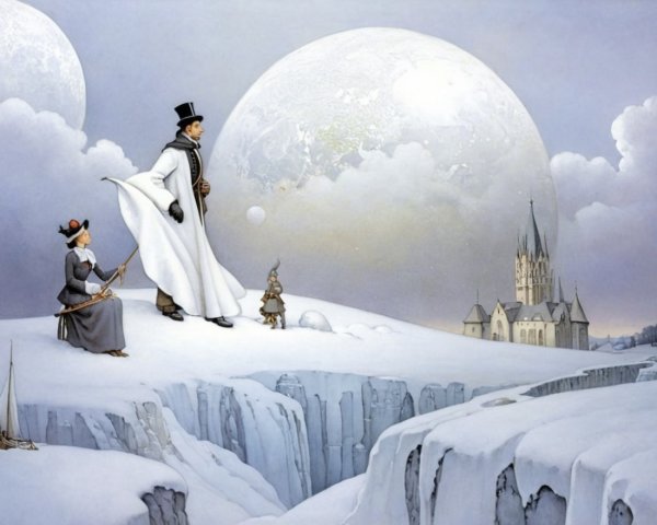 Surreal Winter Landscape with Moons and Figures