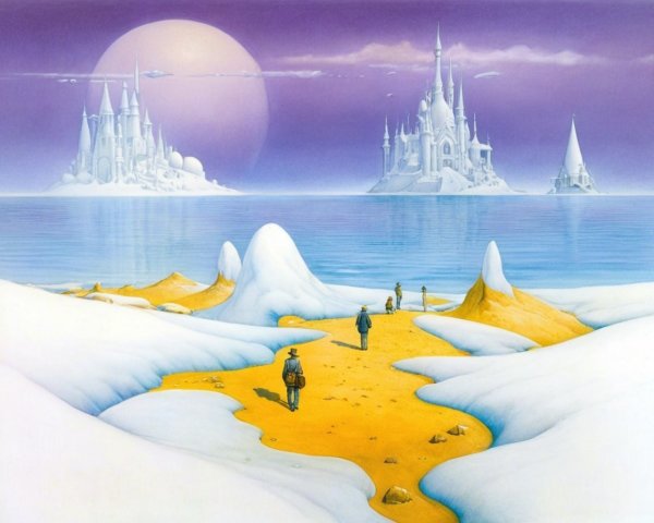 Surreal Landscape with Ice Castles and Golden Path
