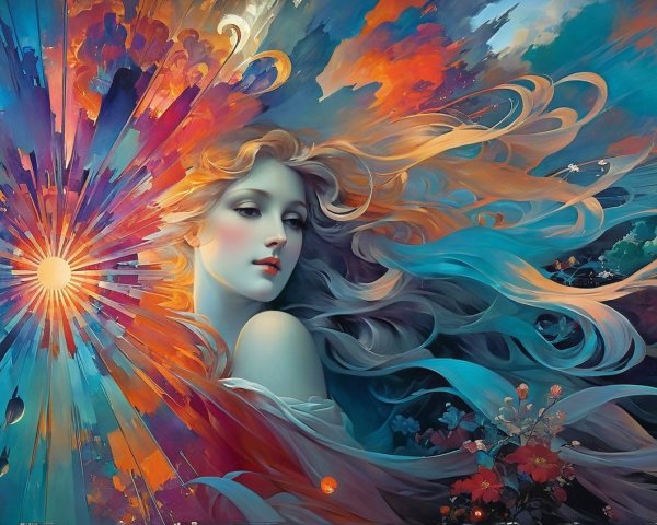 Serene Woman with Flowing Hair in Vibrant Colors