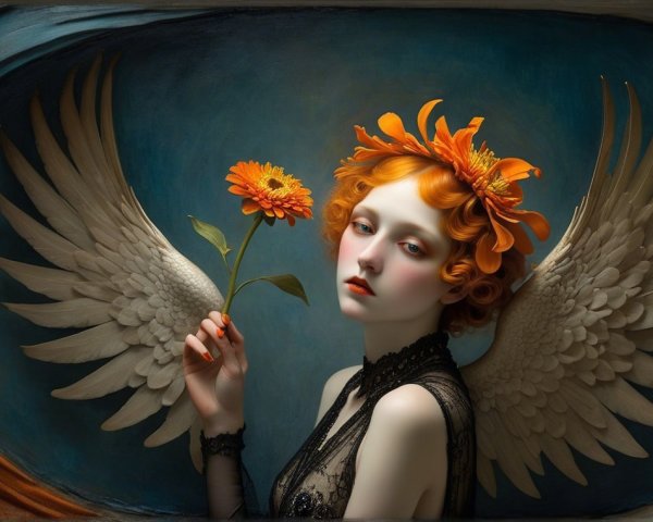 Ethereal Figure with Orange Curls and Wings