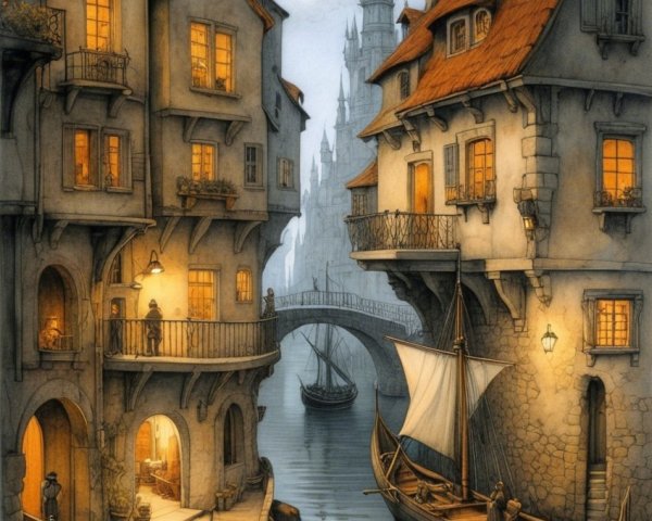 Twilight Scene of Old Town by a Tranquil Canal