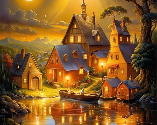 Twilight Village Scene by Waterway with Moonlight