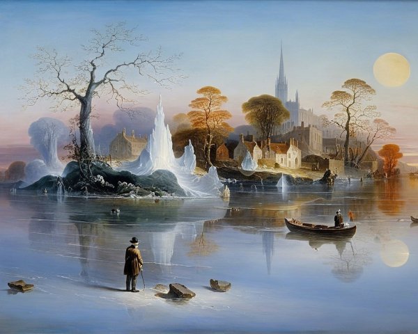 Winter Landscape with Frozen Lake and Village Spires