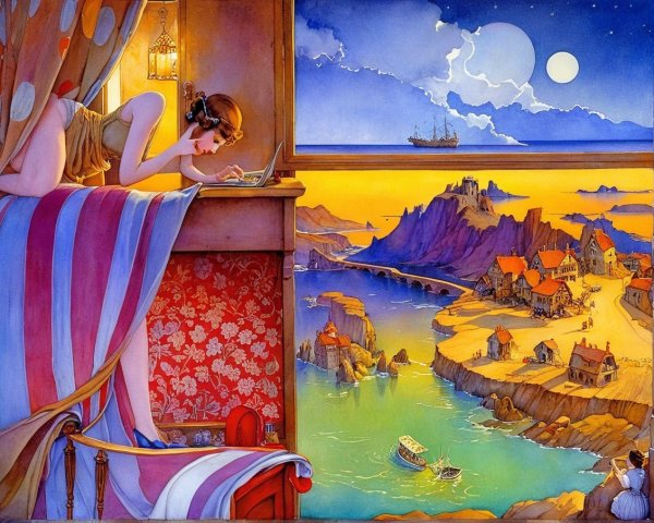 Dreamy Window Scene with Serene Landscape and River