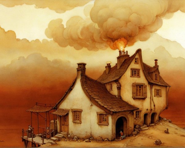 Whimsical Surreal Cottage on a Hill with Smoky Clouds