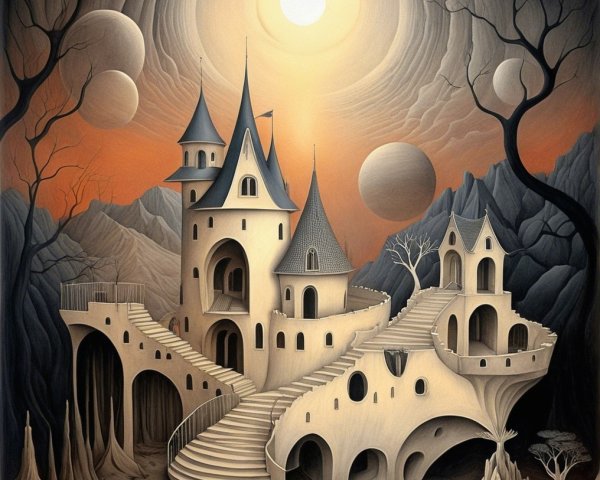 Surreal Castle on Rocky Landscape with Ethereal Glow