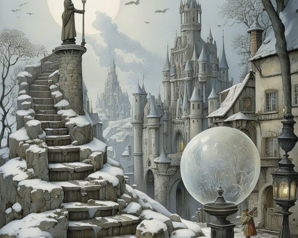 Mystical Winter Scene with Castle and Snowy Village