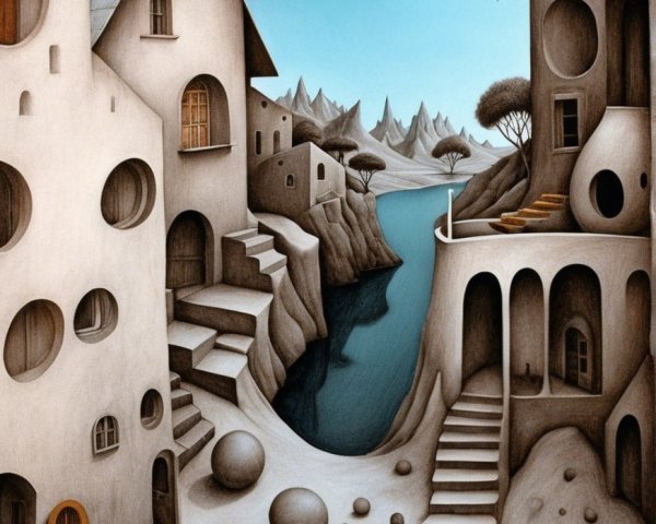 Surreal Landscape with Distorted Architecture and Spheres