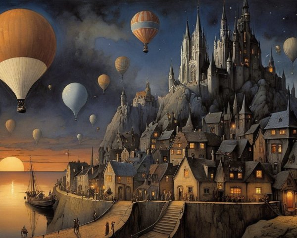 Twilight Scene of a Town with Castle and Balloons
