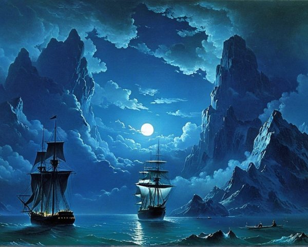 Moonlit seascape with ships and jagged mountains