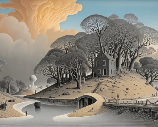 Serene landscape with stylized house and river