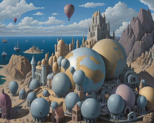 Surreal Cityscape with Colorful Spheres and Castles
