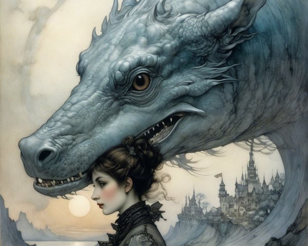 Profile of a Serene Woman with a Blue Dragon and Castle