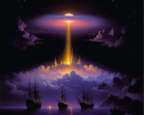 Mystical Landscape with Starlit Sky and Radiant City