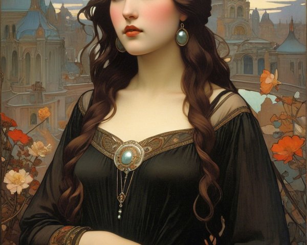 Young Woman in Black Gown Against Twilight Cityscape