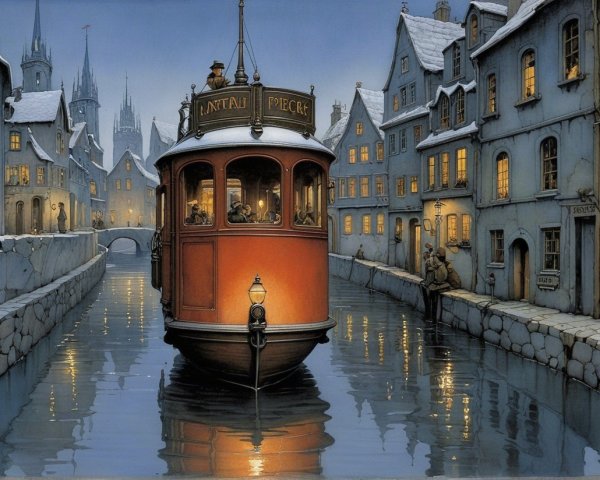 Vintage Tramboat on Serene Canal at Twilight