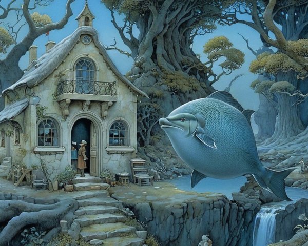 Whimsical Landscape with Cottage and Surreal Fish