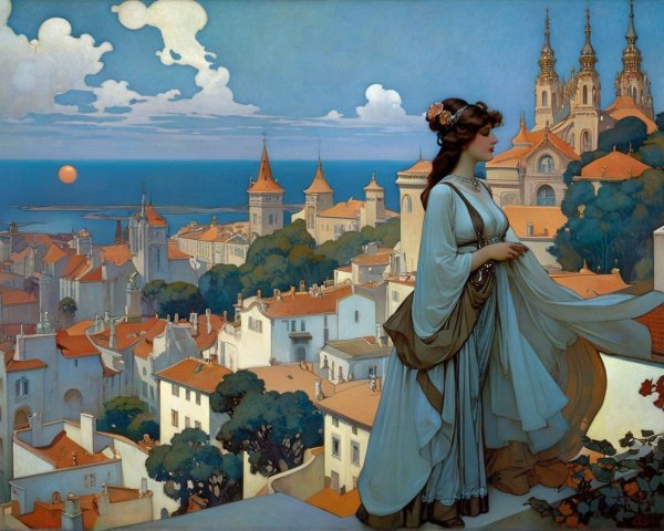 Serene Woman Overlooks Town at Sunset from Balcony