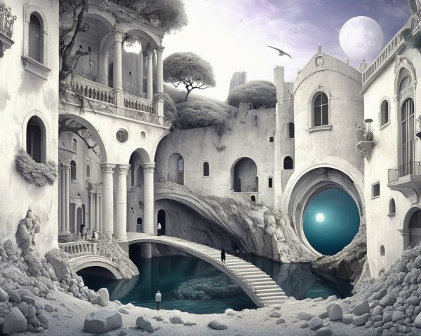 Surreal Landscape with Crumbling Architecture and Light