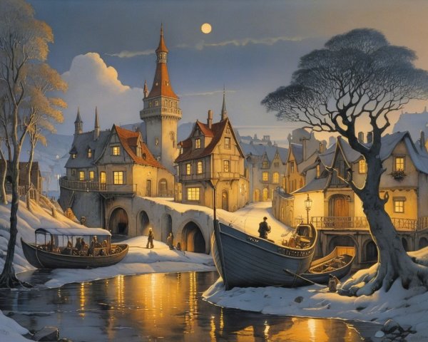 Winter Village Scene with Snow and Moonlight Reflection