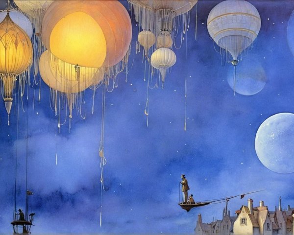 Colorful Hot Air Balloons in a Dreamlike Night Sky