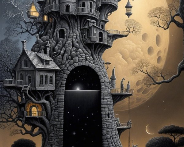 Twisted Tree Houses Under a Luminous Moon