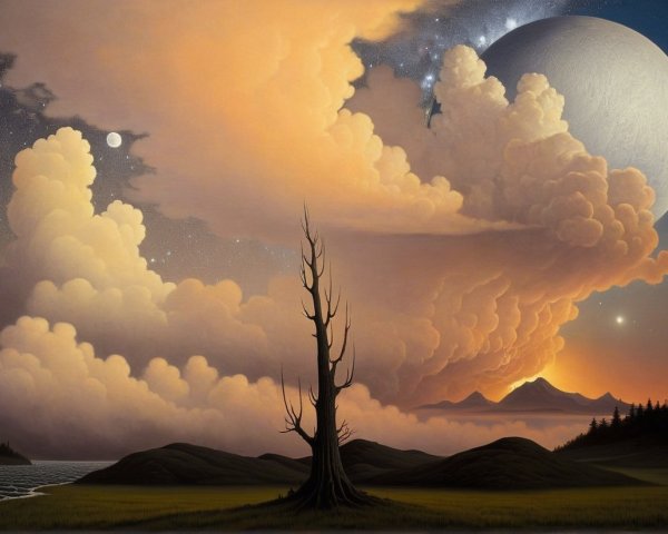 Surreal Landscape with Dead Tree and Ethereal Planet