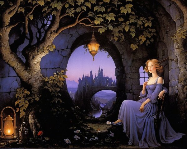 Young Woman in Blue Dress by Twilight Castle Scene