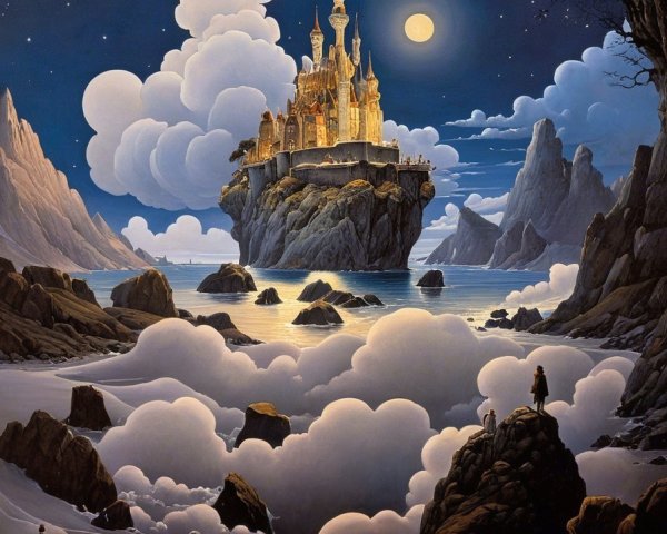 Majestic Castle on Rocky Island Under Starry Sky