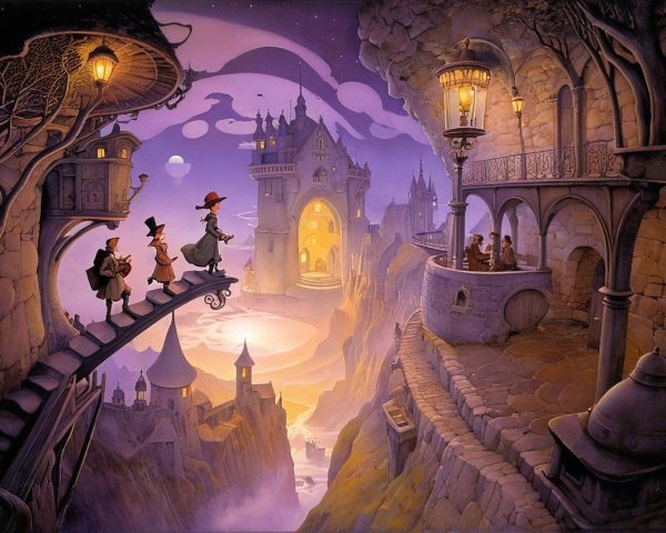 Twilight Scene with Characters on a Lantern Bridge