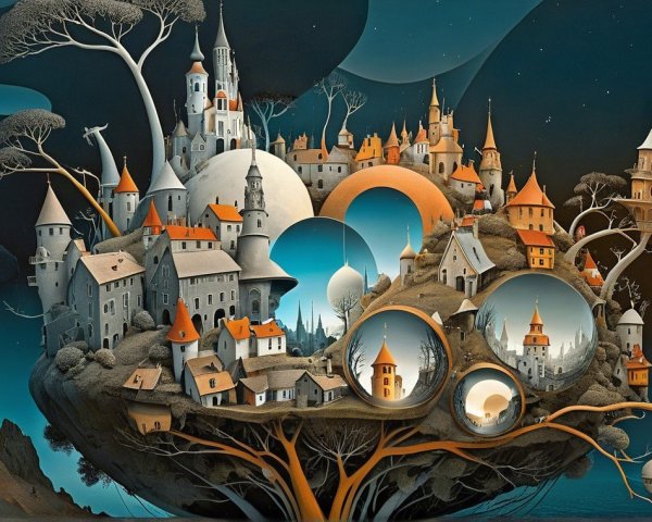 Surreal Village on a Tree in a Night Sky Landscape