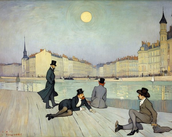 19th Century Riverside Gathering with Gentlemen in Attire