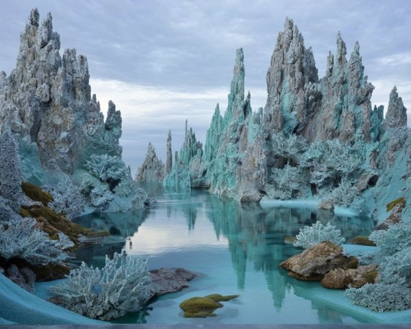 Surreal Landscape with Crystalline Formations and Water