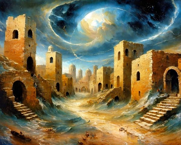 Surreal Landscape with Crumbling Structures and Turbulent Sky
