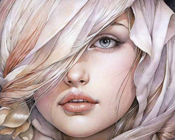 Close-Up of a Woman's Face with Soft Fabric Overlay