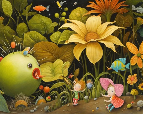 Whimsical Garden with Children and Colorful Creatures