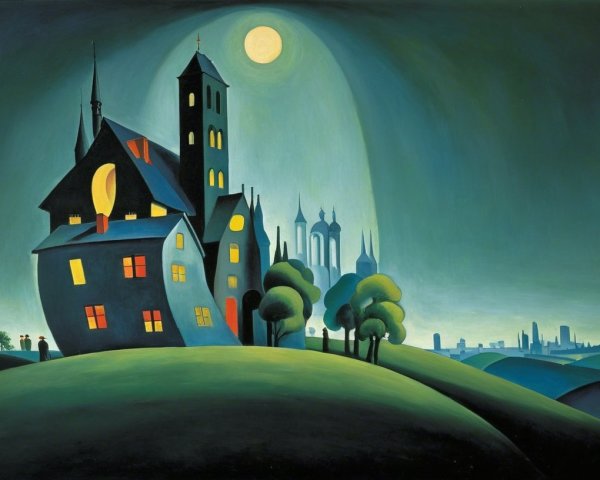 Whimsical Night Scene with Colorful House and Moonlit Sky