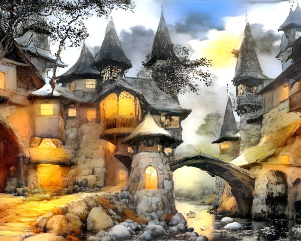 Medieval Village by a Serene River at Dusk